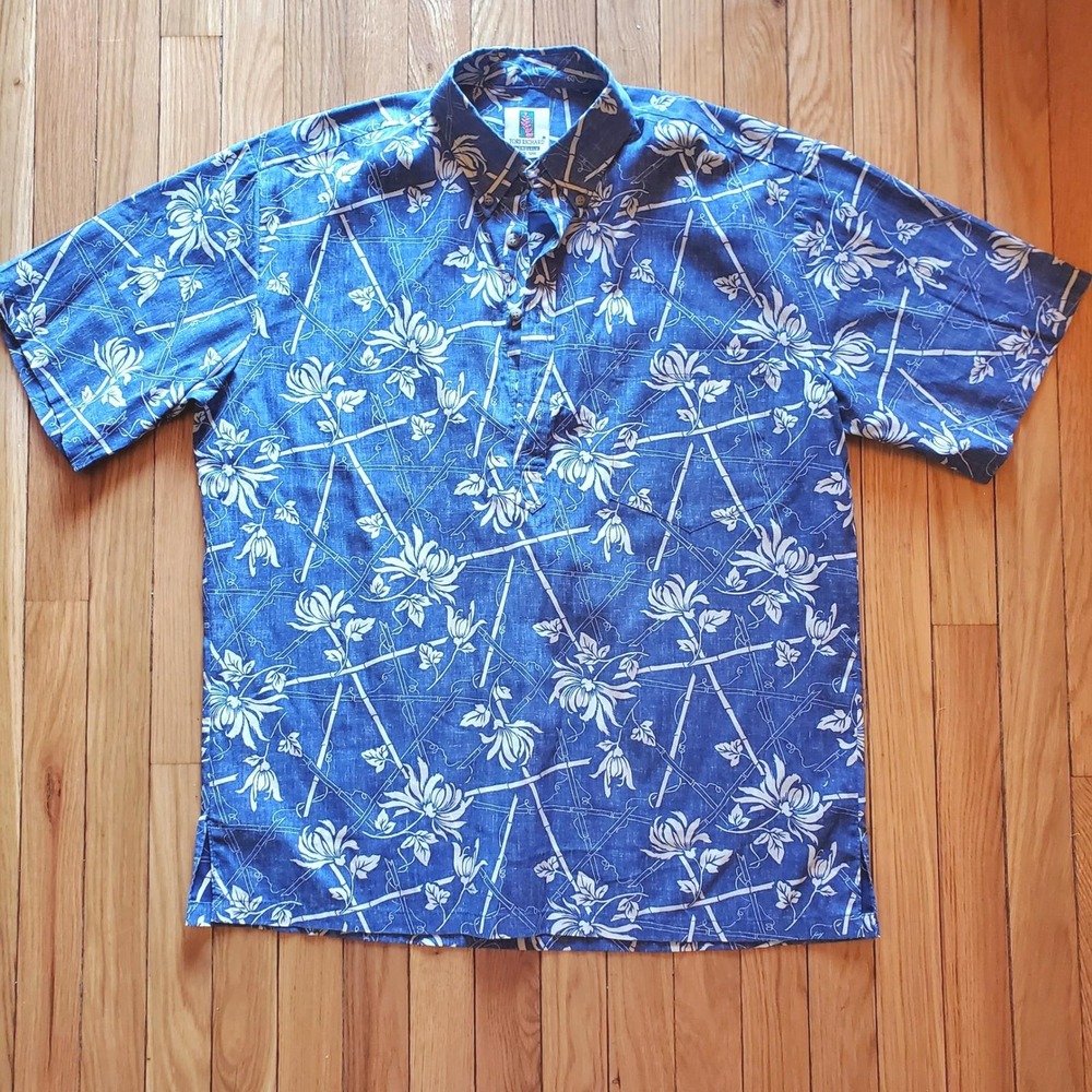 Tori Richard Mens Med. Blue Floral Bamboo Popover Hawaiian Shirt Made in Hawaii
